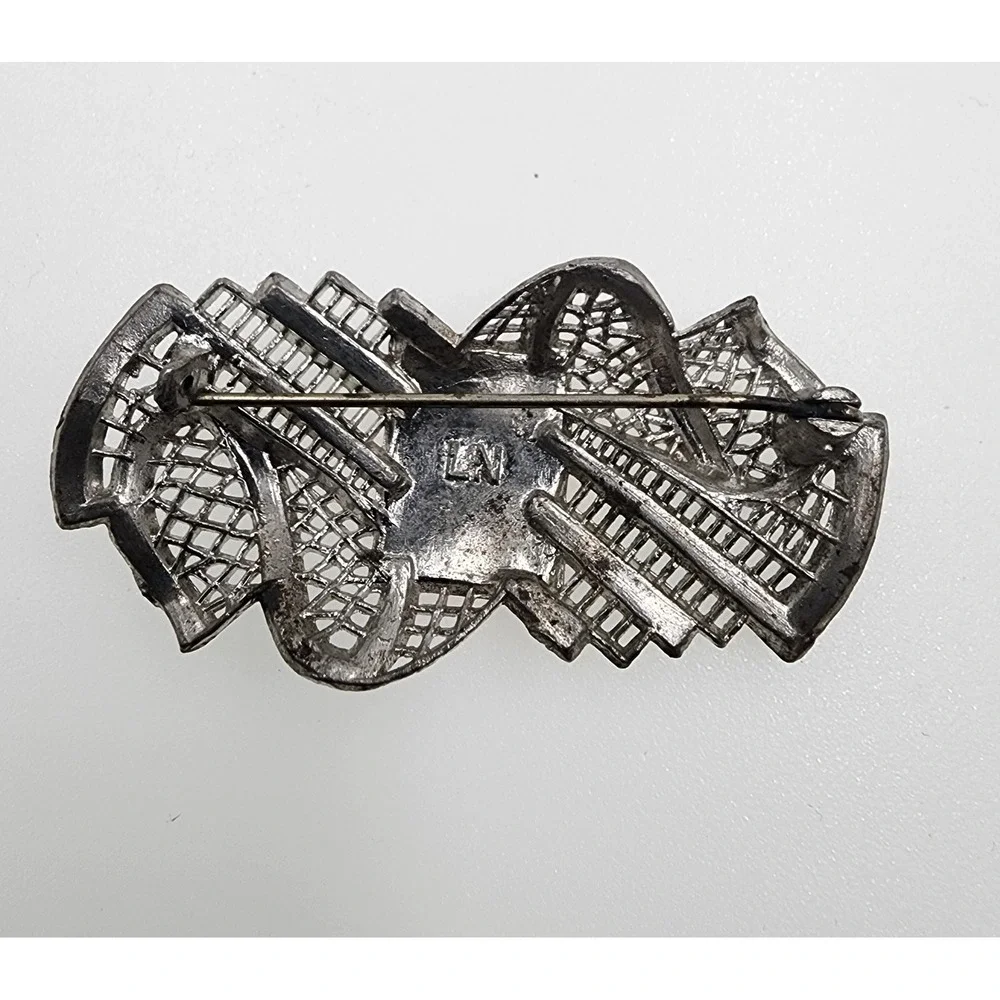 Vintage Little Nemo LN Brooch Art Deco Red Glass Filigree Silver Tone 1930s